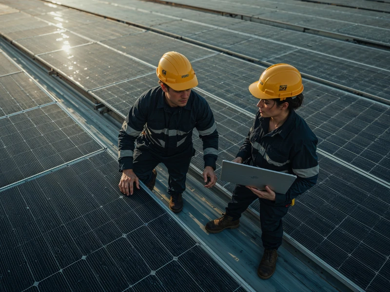 Solar Panel Supplier engineers inspecting solar panels for quality and performance