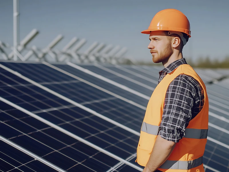 Solar engineer inspecting solar panels at a power plant built by solar panel manufacturers in China