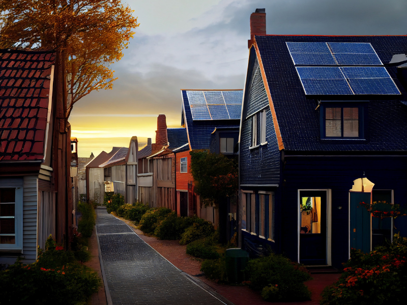 Residential neighborhood showing rooftop solar panels size used for home energy systems