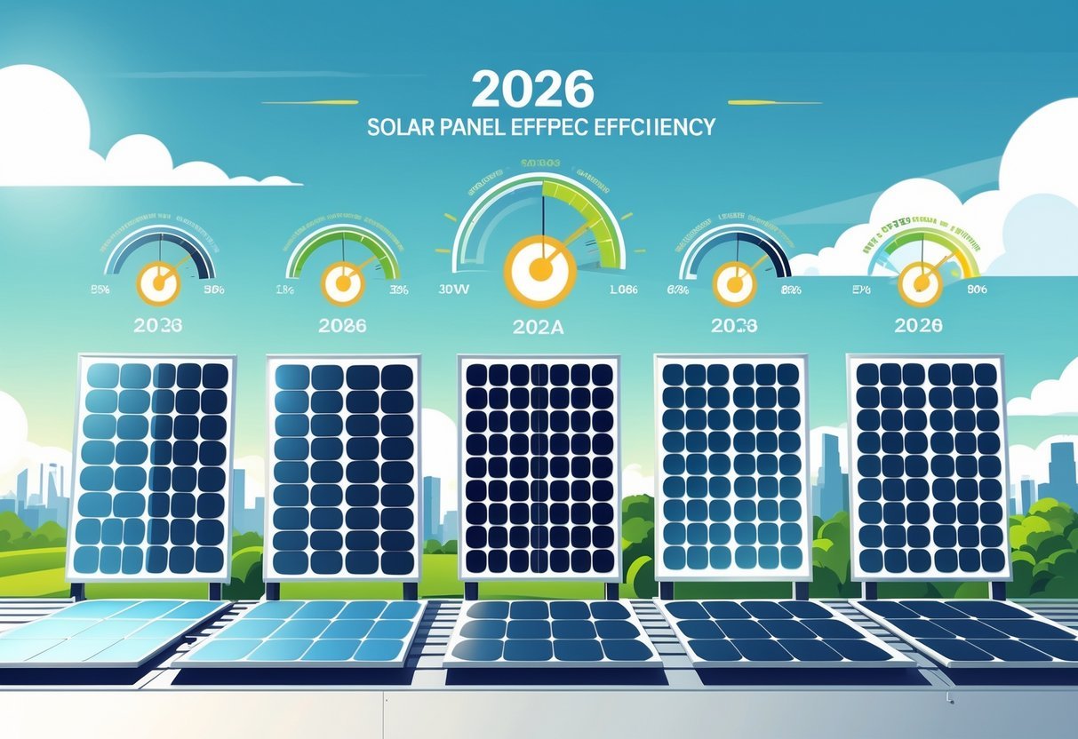 Five different solar panels side by side on a rooftop with colored efficiency bars above them, set against a city and green landscape under a clear sky.