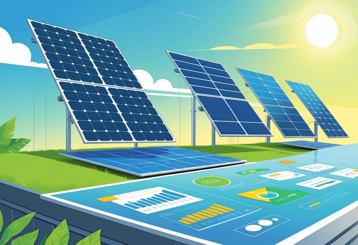 A rooftop with multiple solar panels from different brands under a bright sun, alongside a floating digital display showing performance charts.