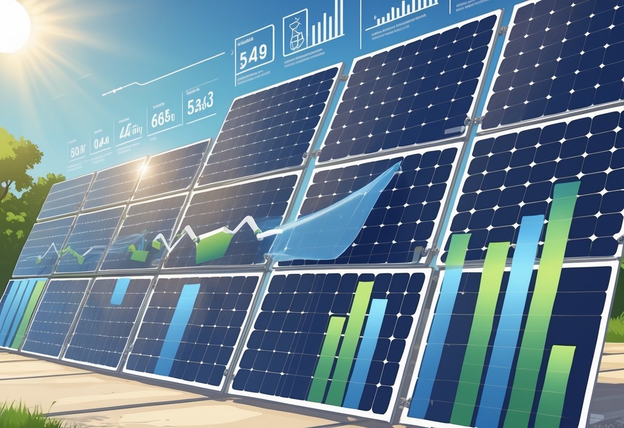 Illustration showing multiple solar panels outdoors with visual indicators comparing their efficiency and durability over time.