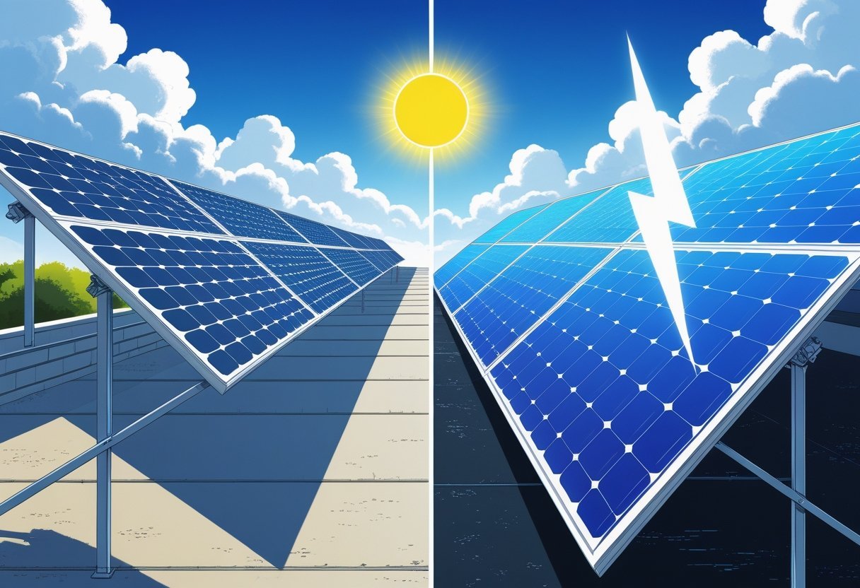 Side-by-side comparison of two solar panels on rooftops, one old and dull, the other new and shiny under a bright sun, highlighting their differences in quality and efficiency.