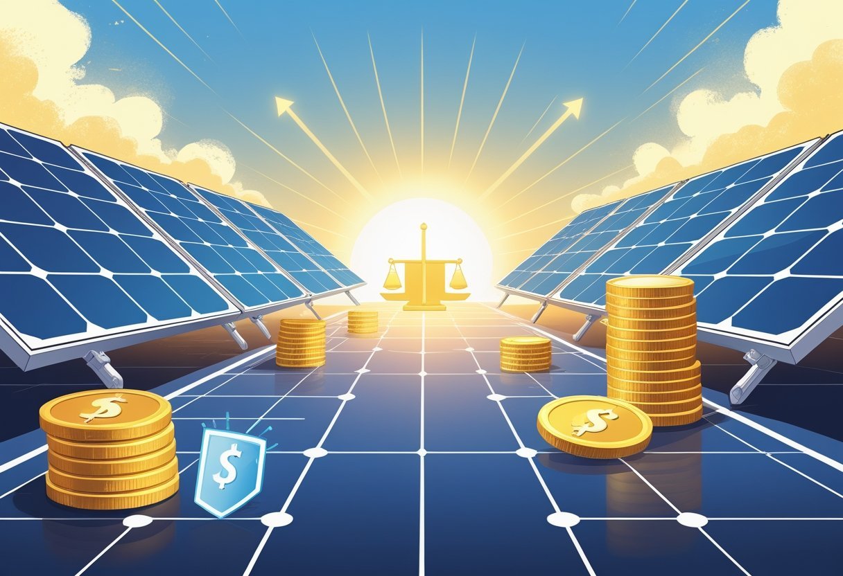 An illustration showing a comparison between low-cost solar panels with signs of wear and premium Grade A solar panels that are shiny and efficient, with symbols representing cost, value, and warranty differences.