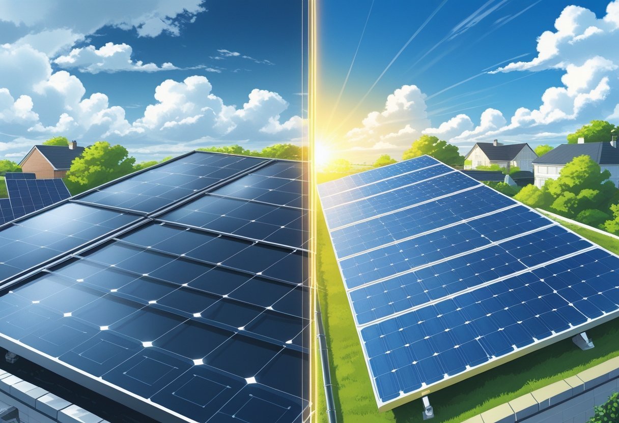 A rooftop scene comparing worn, low-quality solar panels on one side with shiny, high-quality Grade A solar panels on the other under clear skies.