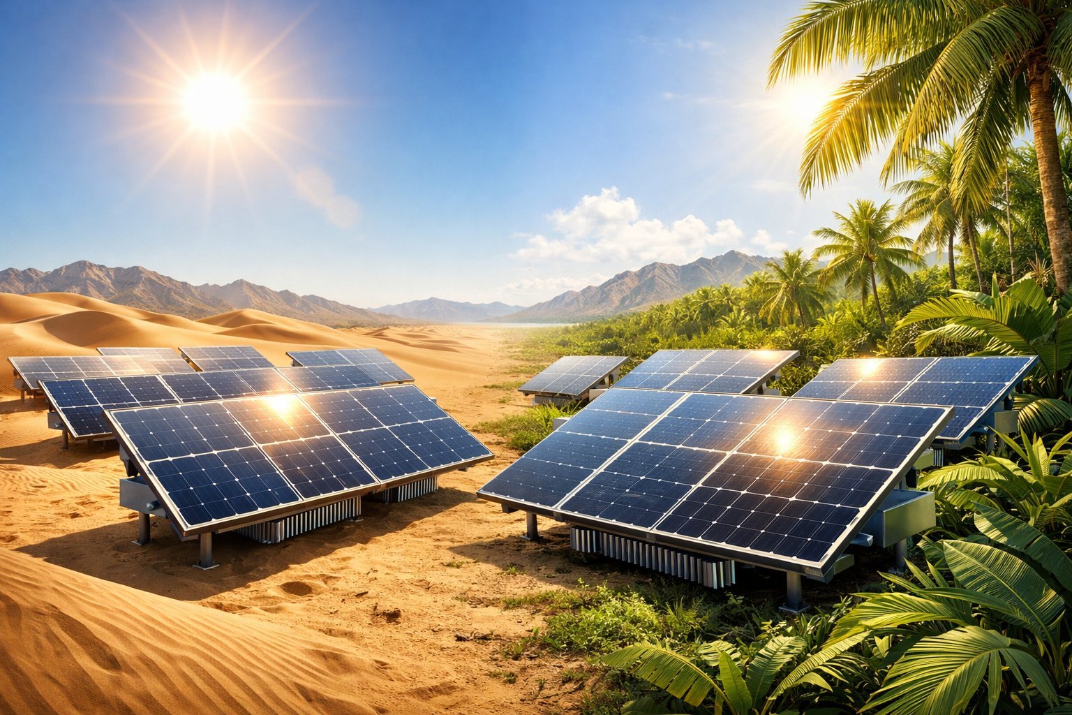 An illustration of solar panels installed in both a desert with sand dunes and a tropical area with palm trees under bright sunlight.