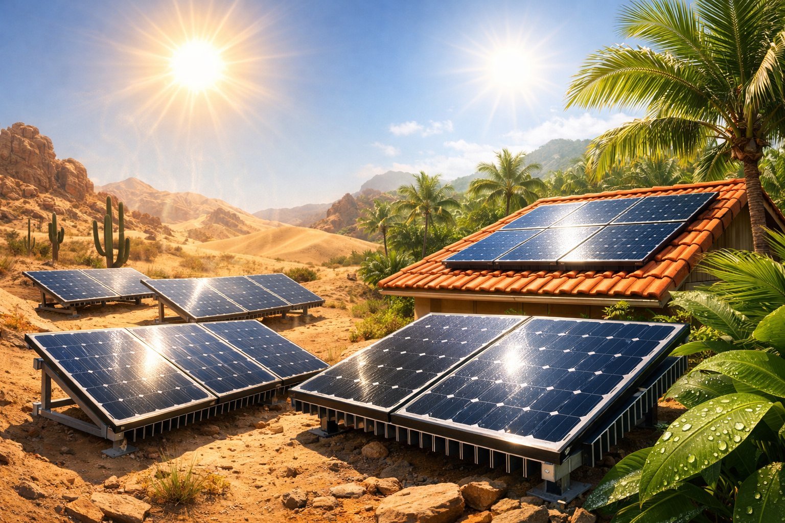 Solar panels installed in a landscape combining hot desert terrain with sand dunes and cacti on one side and lush tropical plants and palm trees on the other under bright sunlight.