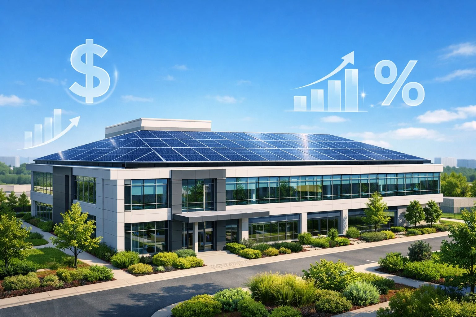 A commercial building with solar panels on the roof under a clear sunny sky, surrounded by green landscaping and graphical icons representing financial data.