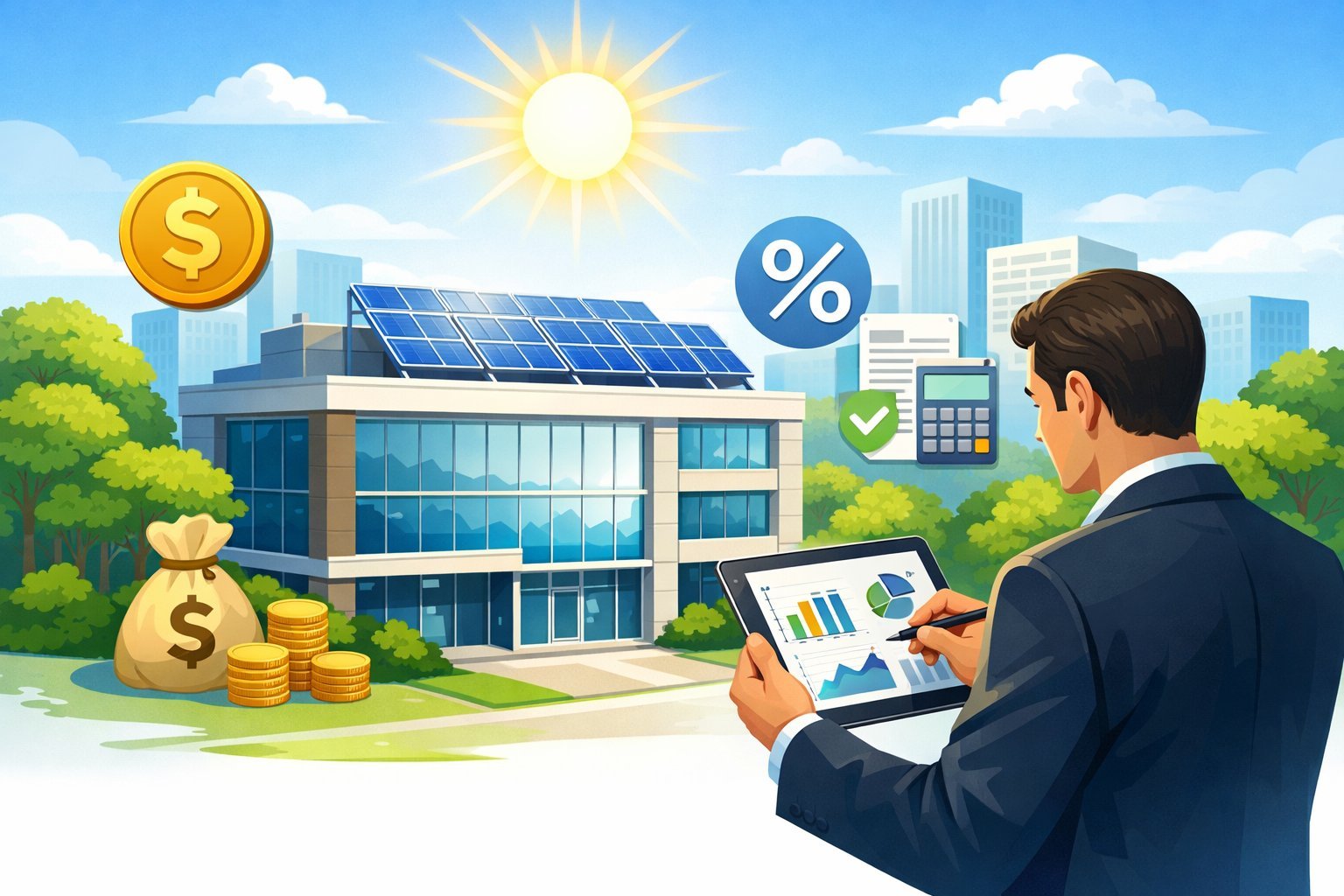 A commercial building with solar panels on the roof, a businessperson reviewing financial documents nearby, and icons representing money and tax benefits around the scene.