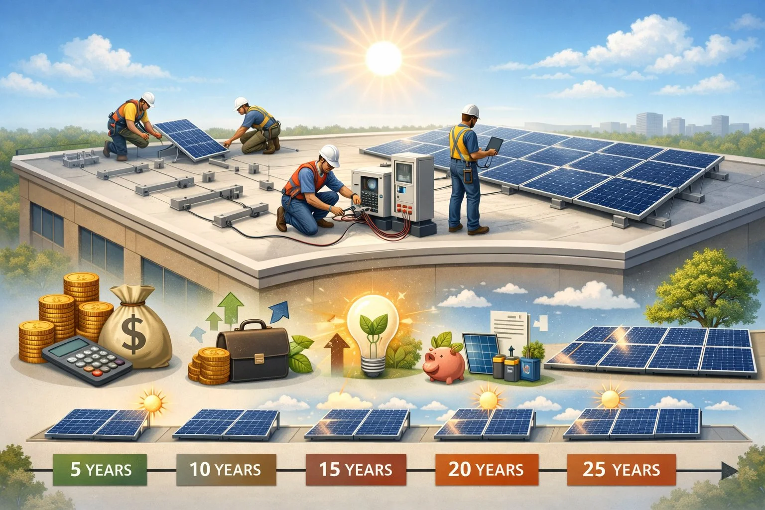 A commercial building with solar panels being installed on the roof by workers, showing different installation stages and symbols representing cost and long-term benefits.