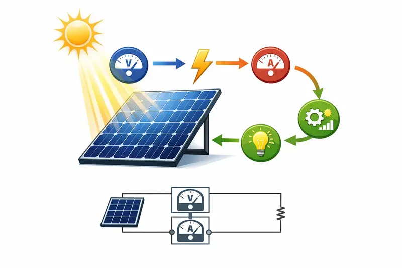 An illustration showing a solar panel under sunlight with visual elements representing the calculation of power generation, including symbols for voltage, current, efficiency, and a simple electrical circuit.