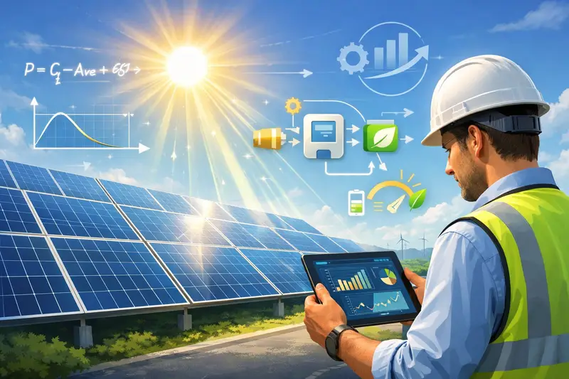 A solar panel array under sunlight with a technician analyzing data on a tablet, surrounded by graphical formulas and charts representing solar power calculation.