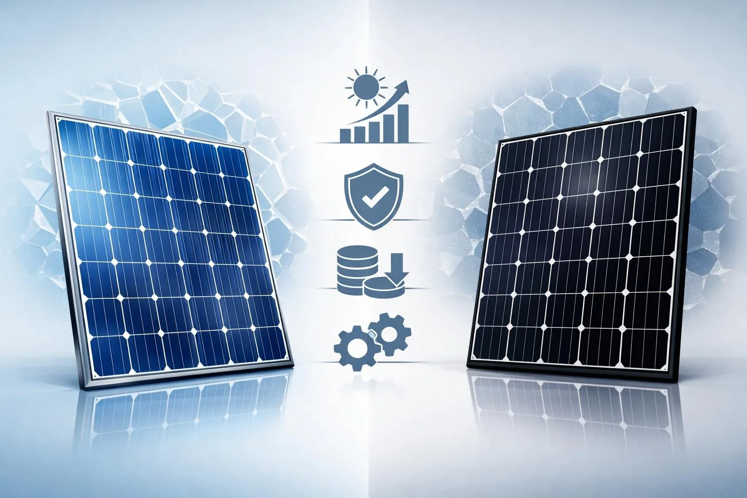 A side-by-side comparison of two types of solar panels, showing one with blue and silver panels and the other with darker blue and black panels, with abstract patterns behind each representing their material differences.
