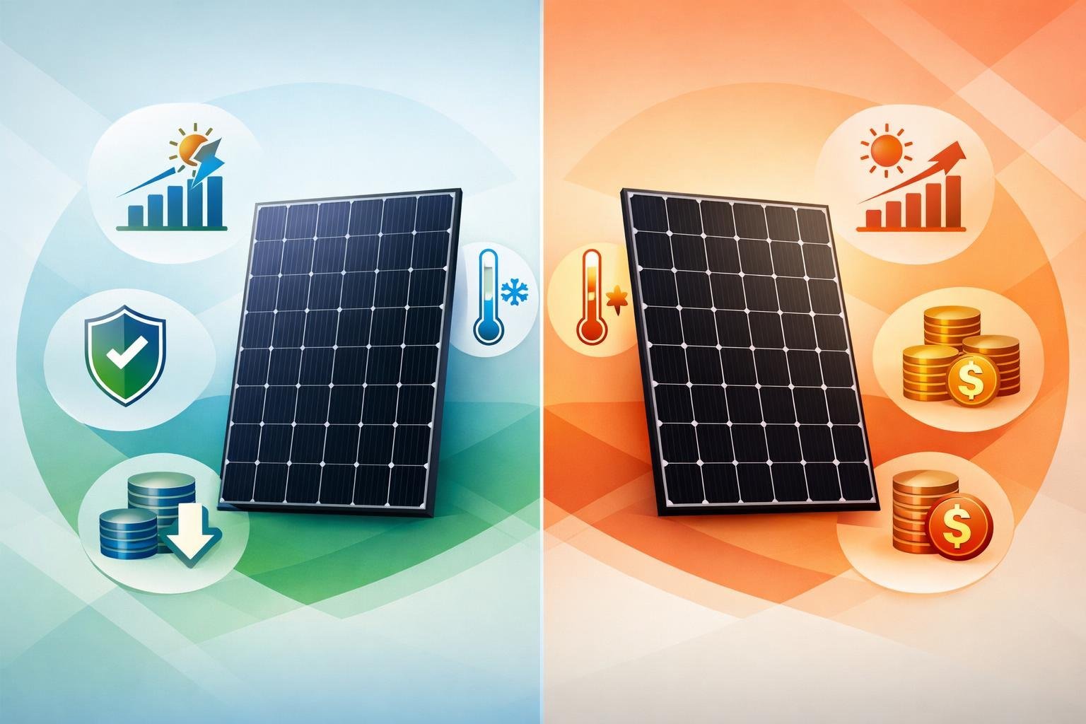 Side-by-side illustration comparing two types of solar panels with icons representing their performance features.