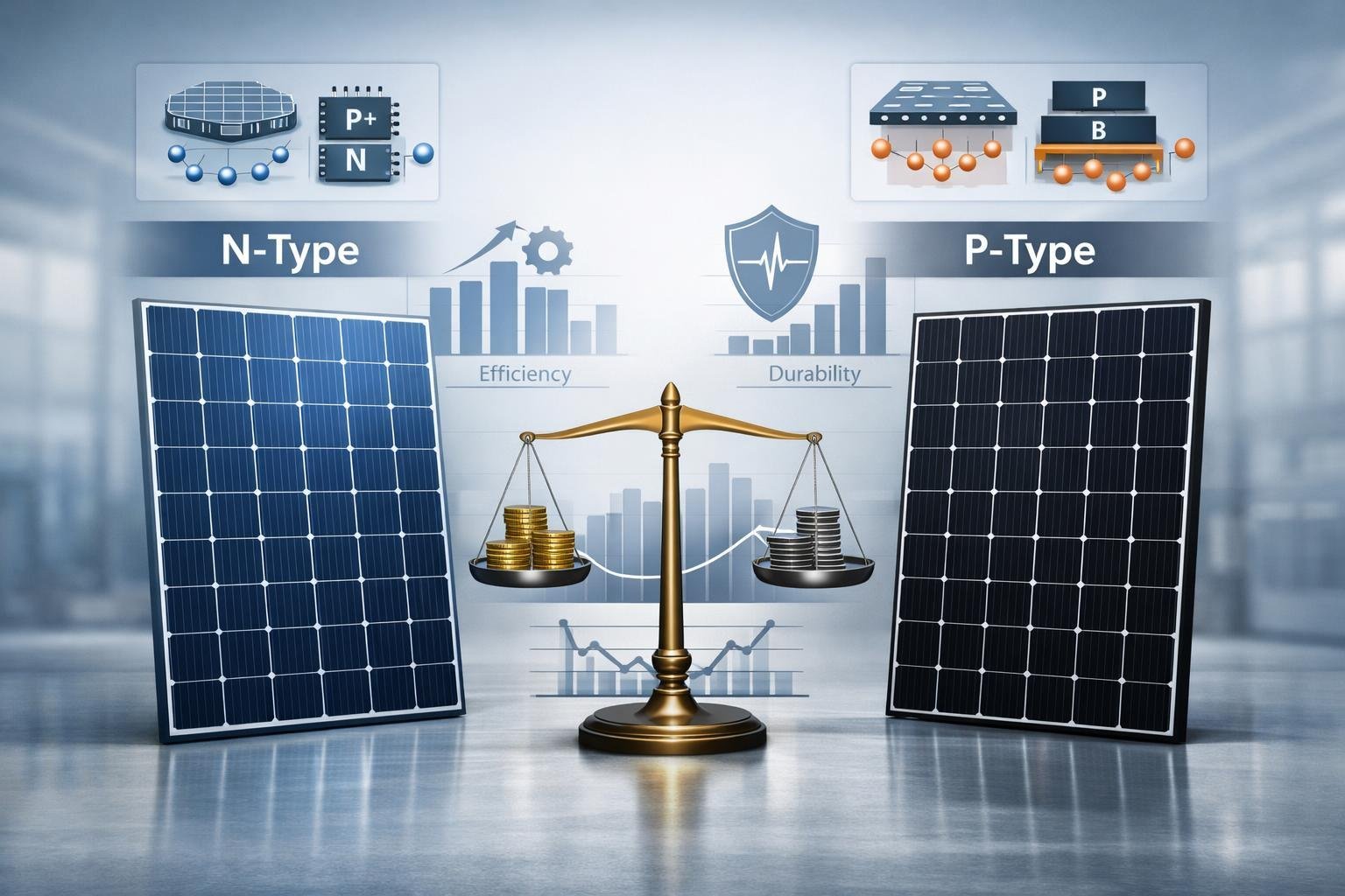 Two different solar panels side by side with icons representing manufacturing processes and a balanced scale between them showing cost comparison, set against a modern industrial background.