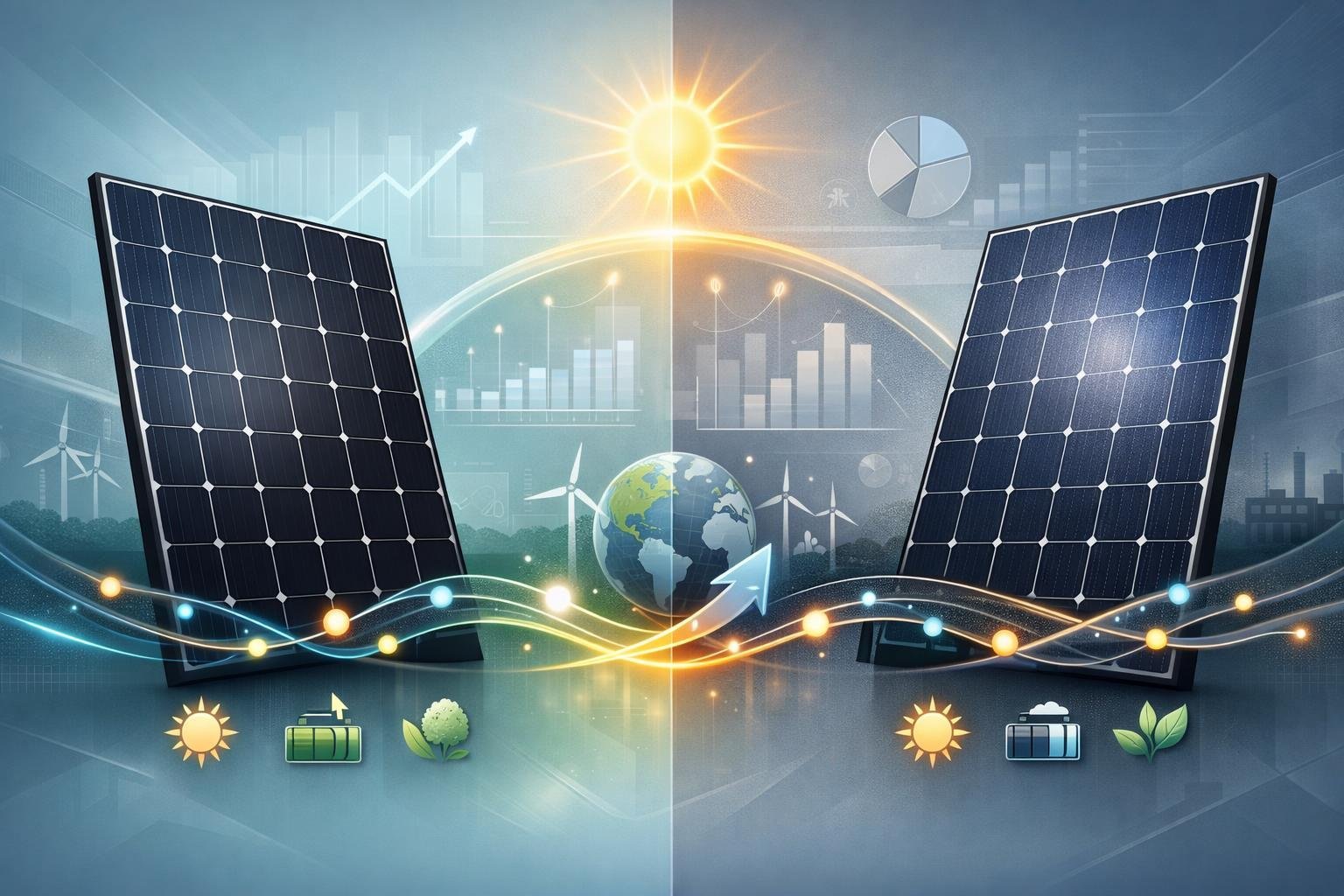A split illustration showing two types of solar panels side by side with visual elements representing energy flow and efficiency, set against a clean, futuristic background.