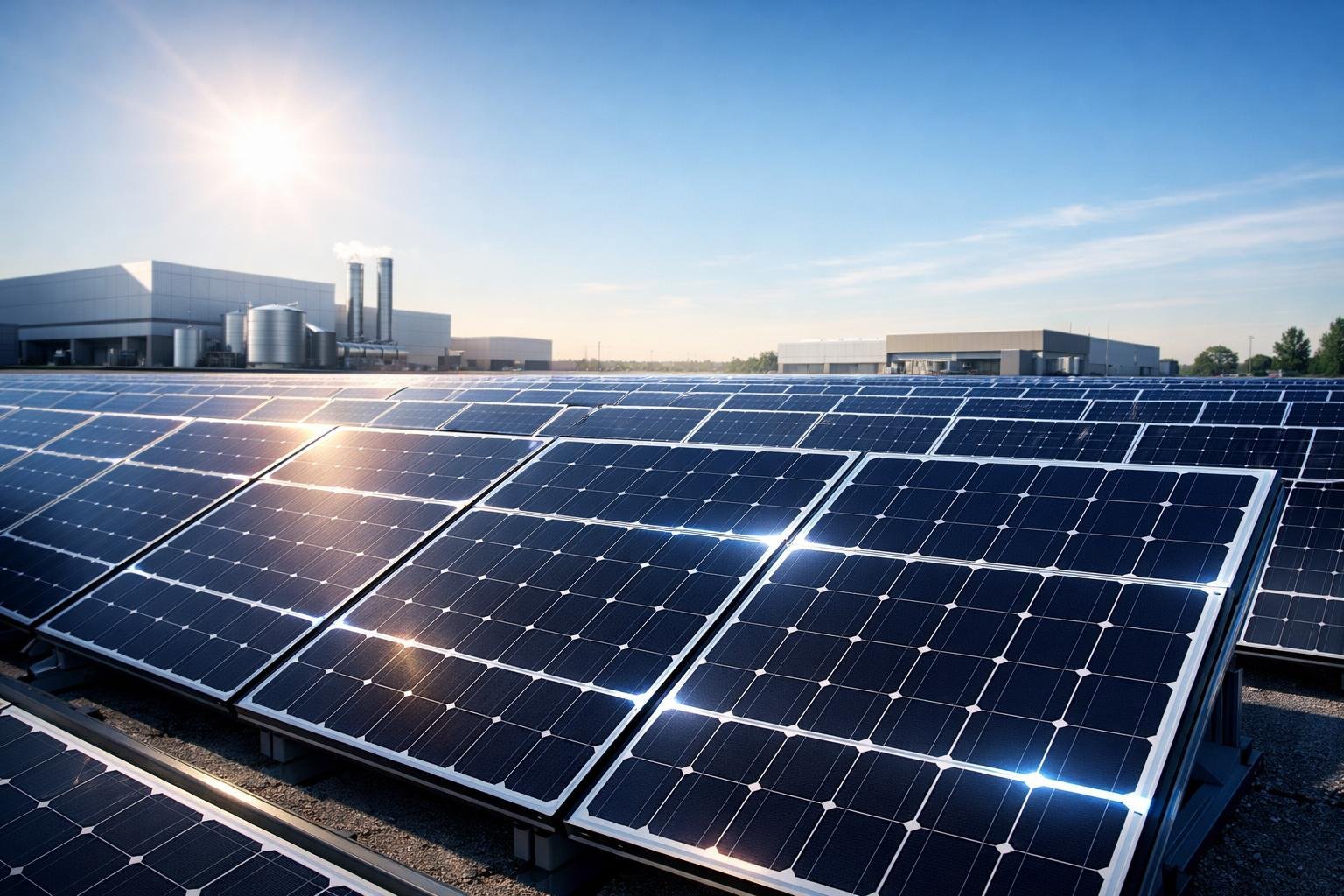 A large commercial solar panel installation under a clear sky with sunlight, showing advanced solar technology in an industrial business environment.