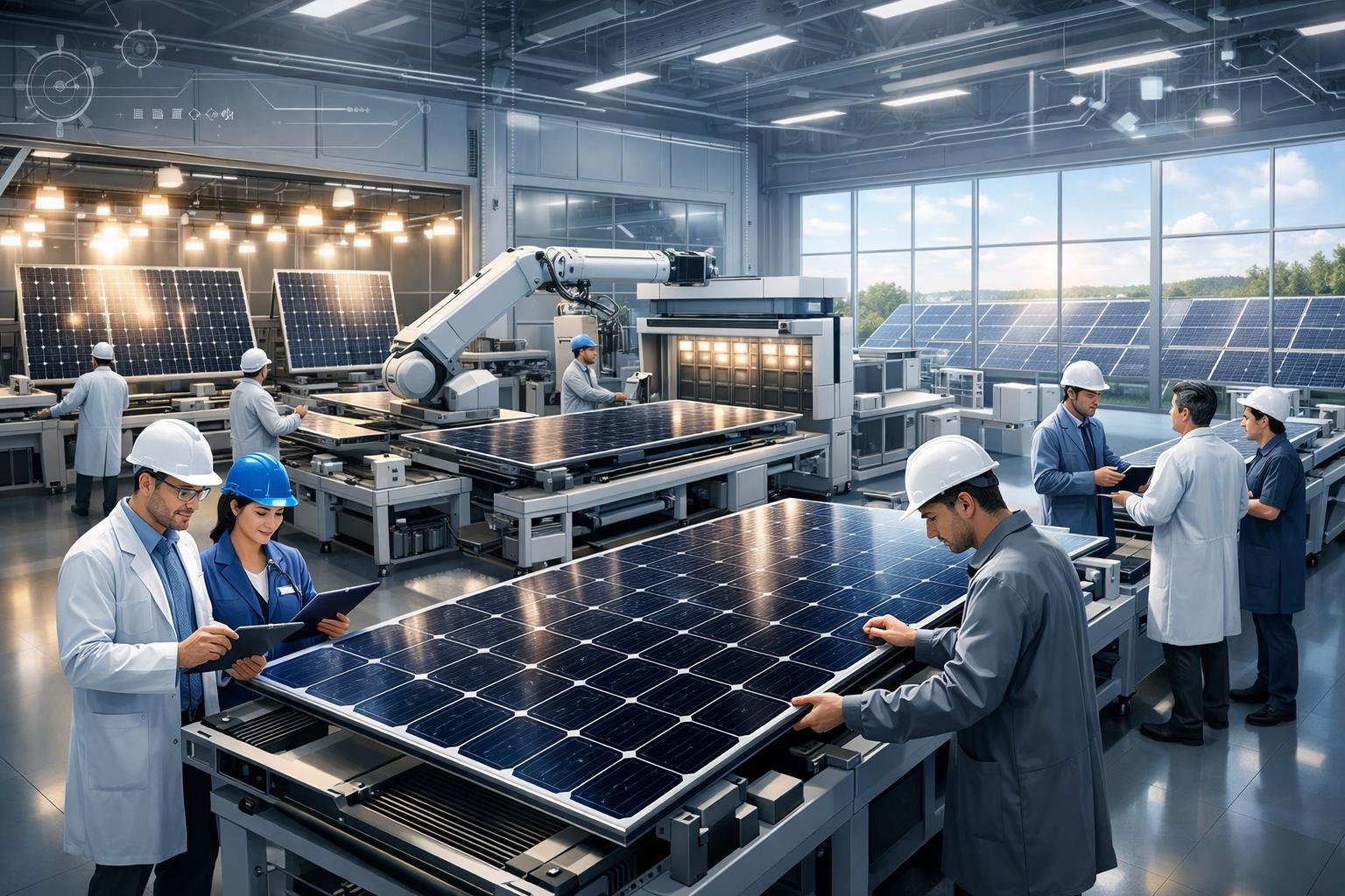 A modern factory where engineers assemble and inspect large solar panels under bright natural light.