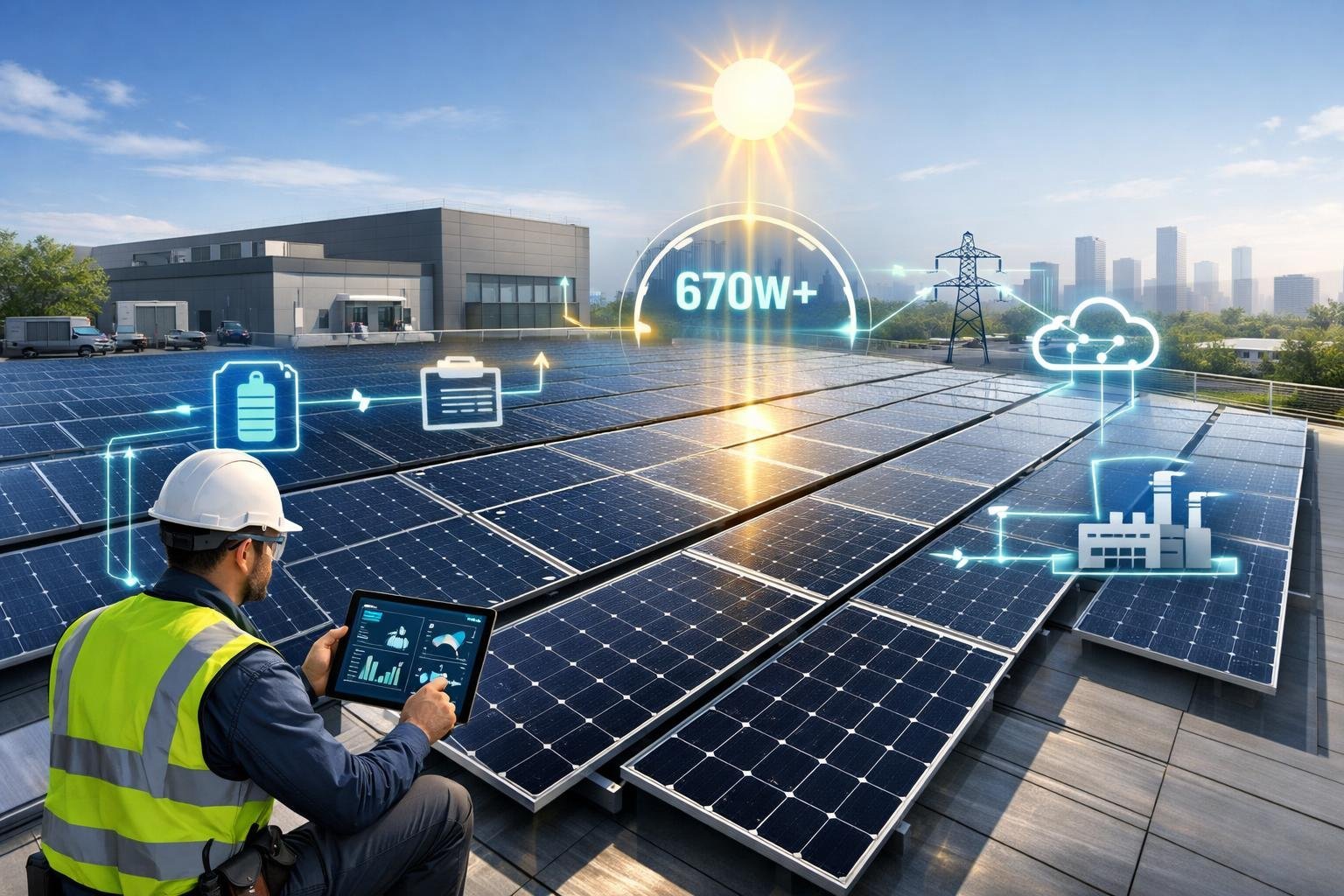 A technician inspects large commercial solar panels on a rooftop with a city skyline in the background, showing solar energy equipment and digital performance indicators.