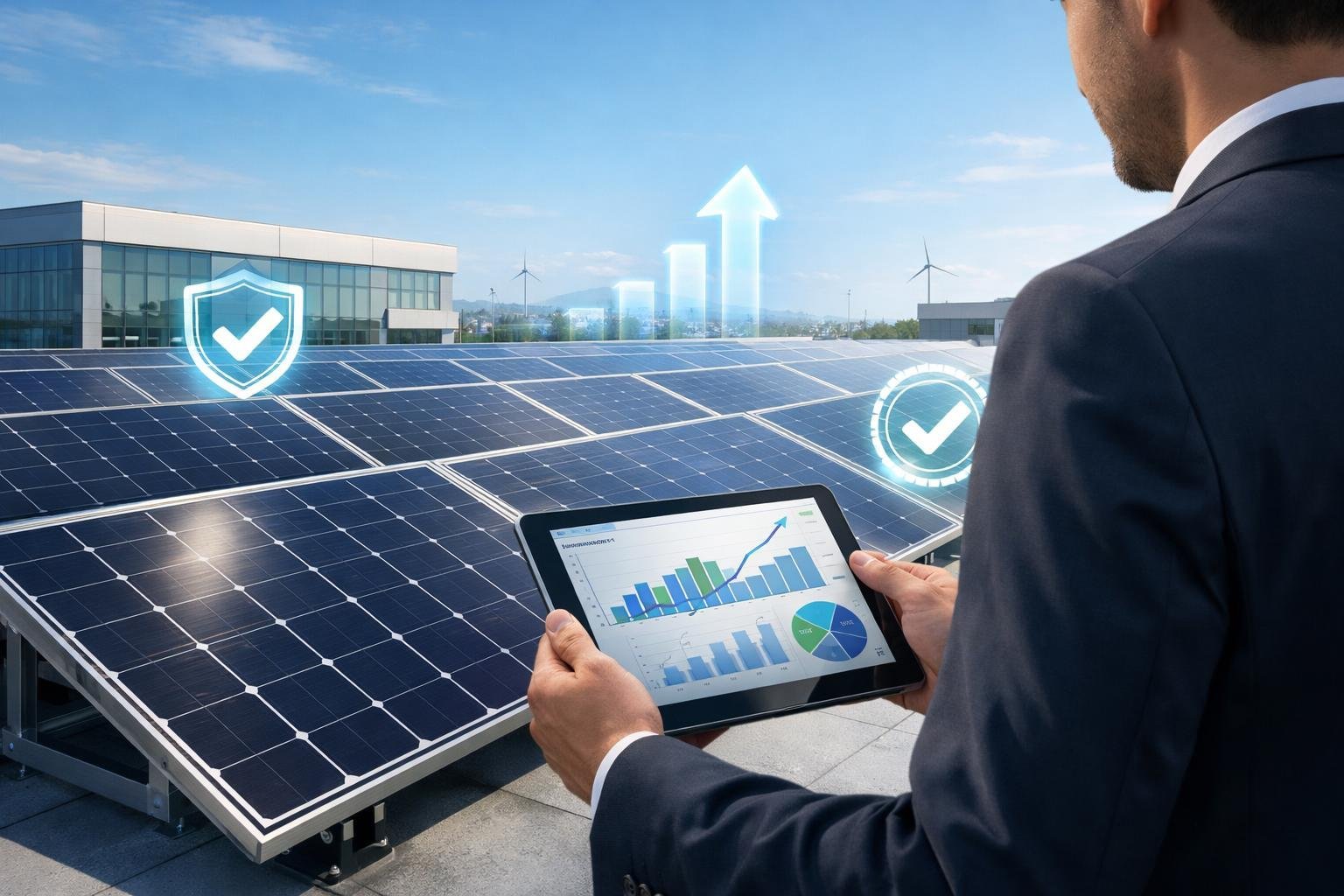A businessperson reviews data near large solar panels installed on a commercial rooftop under a clear sky, symbolizing solar energy reliability and market growth.