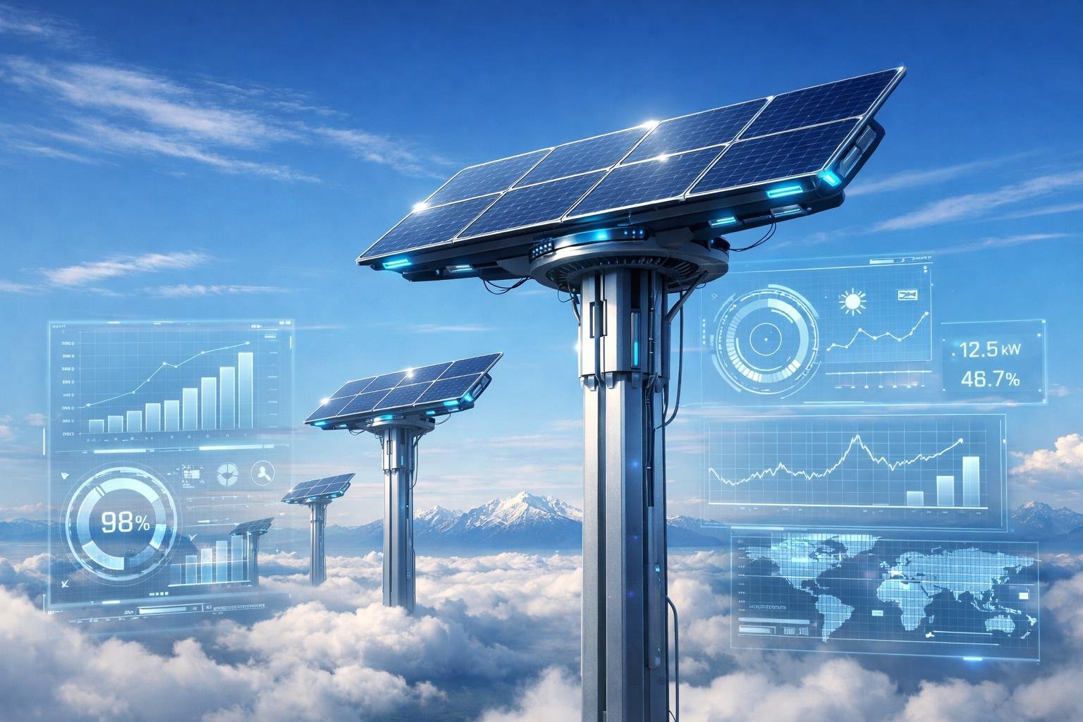 Illustration of tall towers with advanced solar panels above clouds, capturing sunlight with mountains visible below.