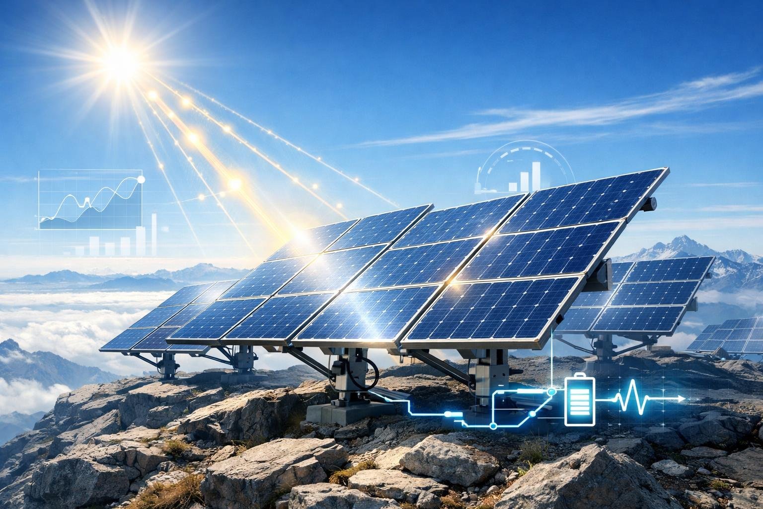 Solar panels installed on a mountainous terrain under clear skies with sunlight shining on them, showing an elevated environment.