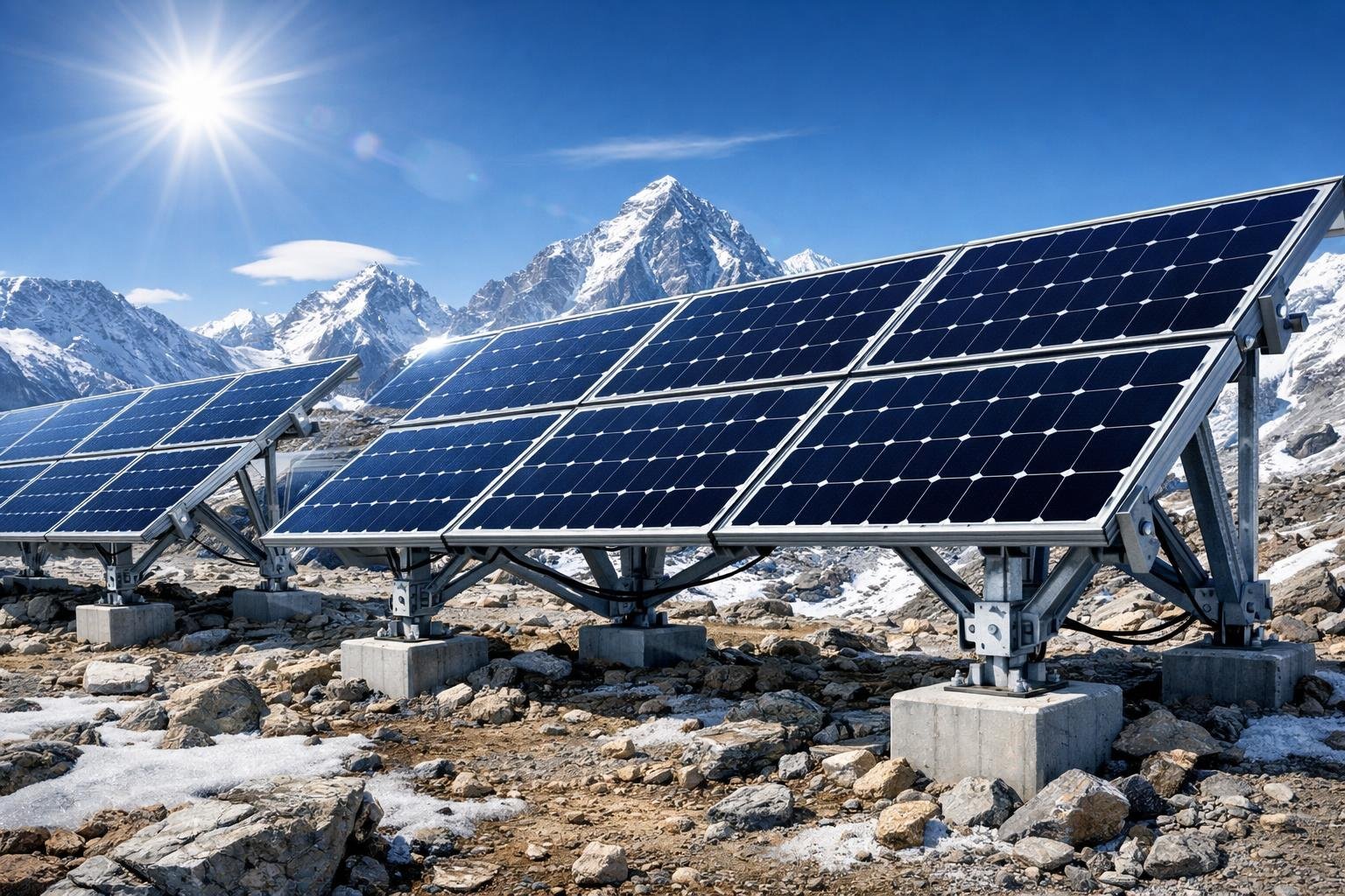 Solar panels installed on rocky mountain terrain with snow-covered peaks in the background under a clear sky, showing durable mounting structures designed for high-altitude conditions.