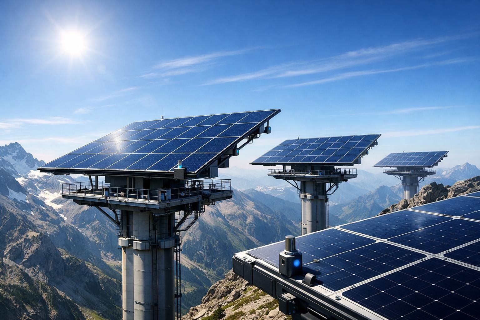 Solar panels mounted on tall platforms high above mountainous terrain under a clear blue sky.