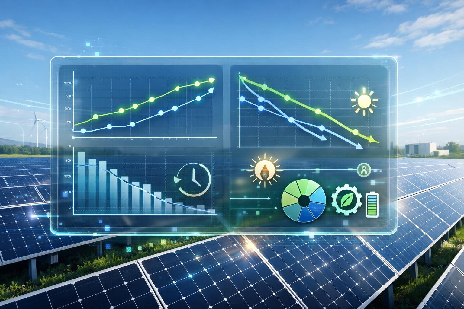 A solar farm with rows of solar panels and a floating digital display showing graphs and charts about solar panel performance and degradation trends.