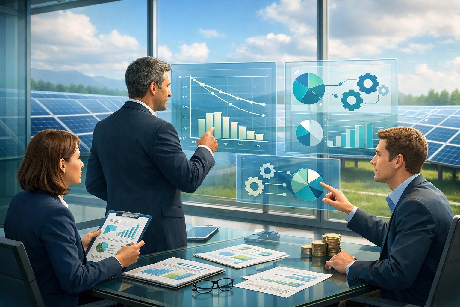 Business professionals in an office analyzing data on solar panel efficiency with a solar farm visible outside the window.