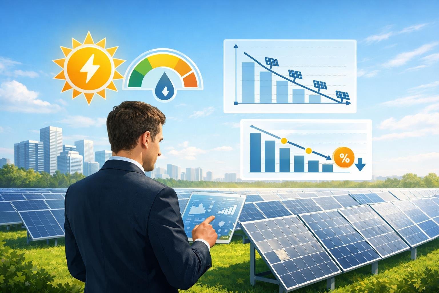 A business professional reviewing solar panel efficiency data at a solar farm with rows of panels and a city skyline in the background.