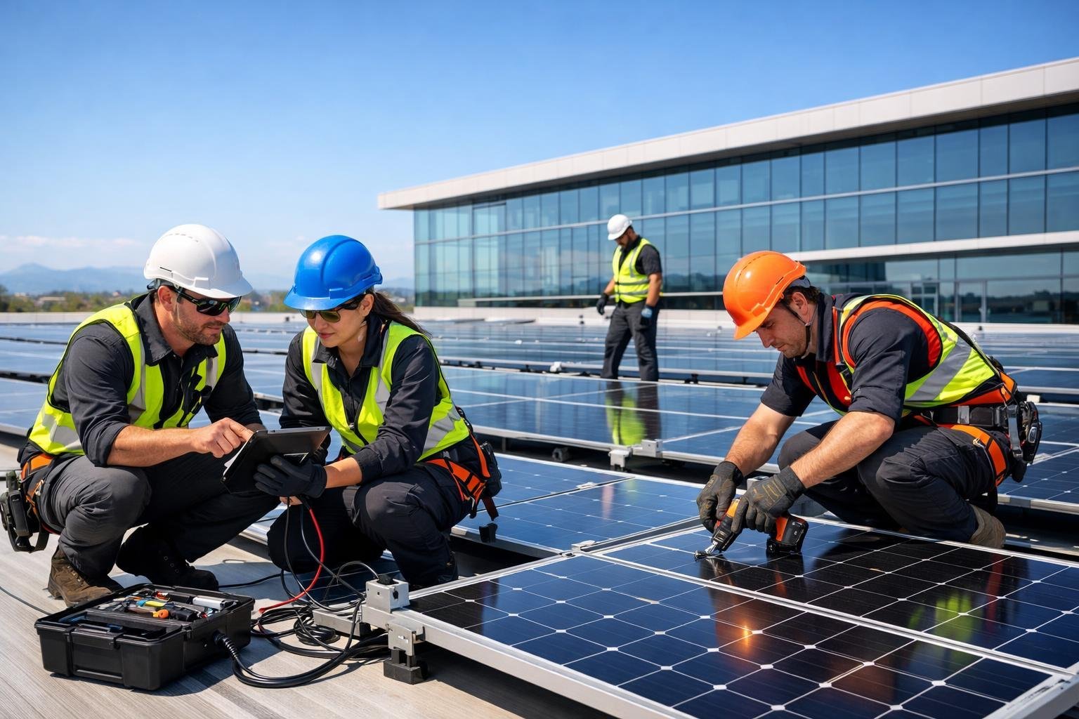 A team of workers installing solar panels on a commercial building rooftop under a clear sky.