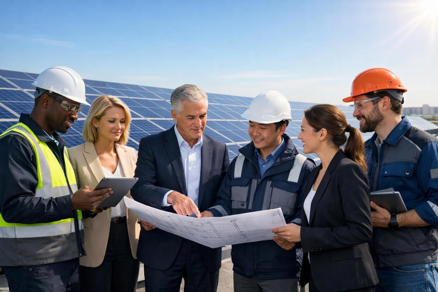 A group of business professionals and engineers reviewing plans near large solar panels under a clear sky.