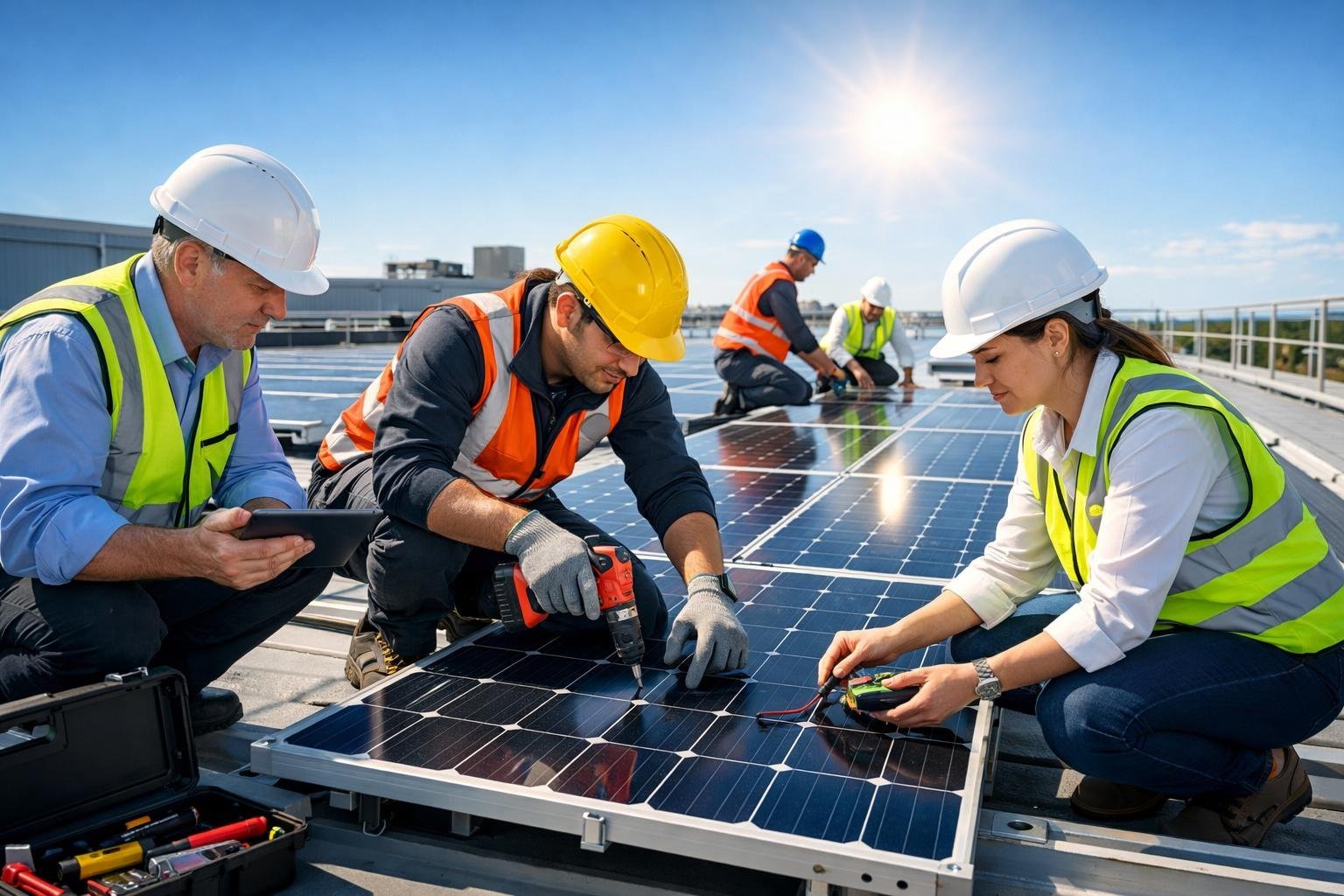 Technicians installing solar panels on a commercial rooftop under a clear sky.