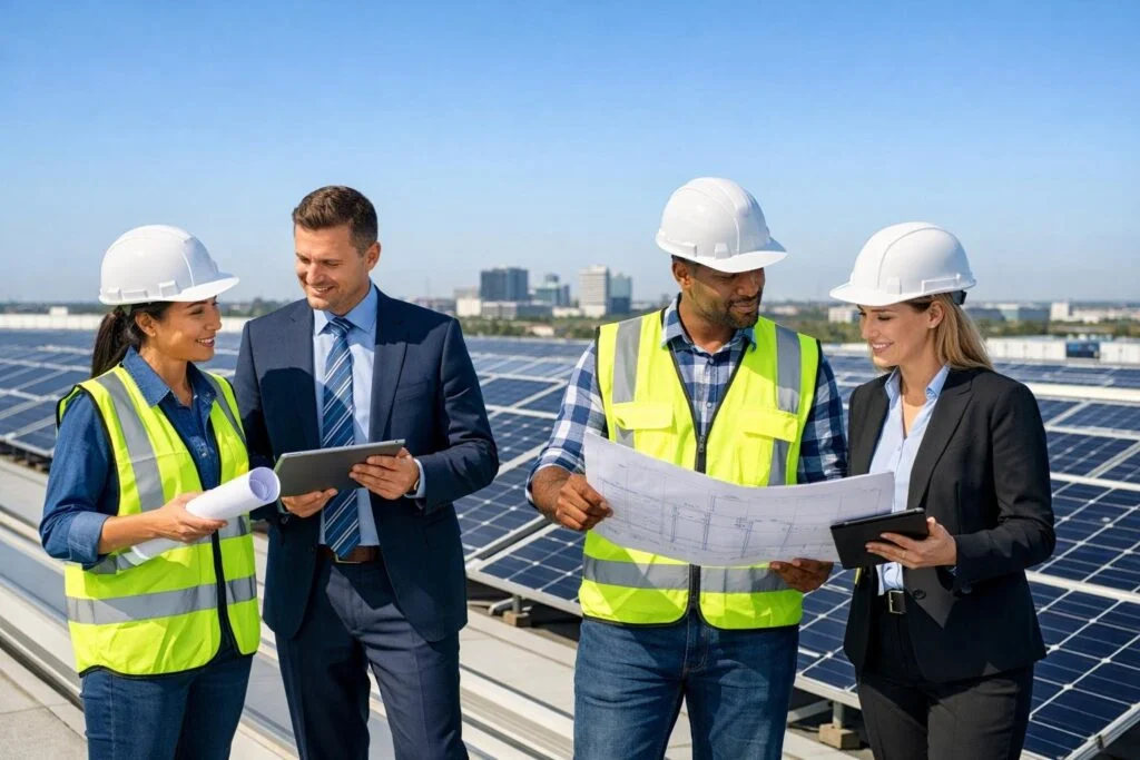 Business professionals and engineers reviewing solar panel installation on a commercial rooftop with city skyline in the background.
