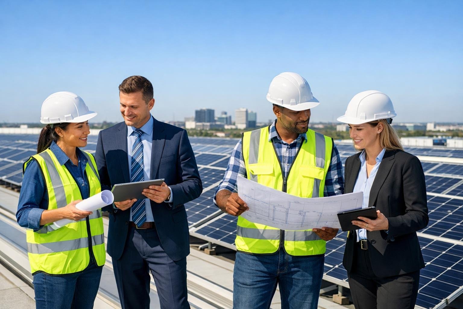 Business professionals and engineers reviewing solar panel installation on a commercial rooftop with city skyline in the background.