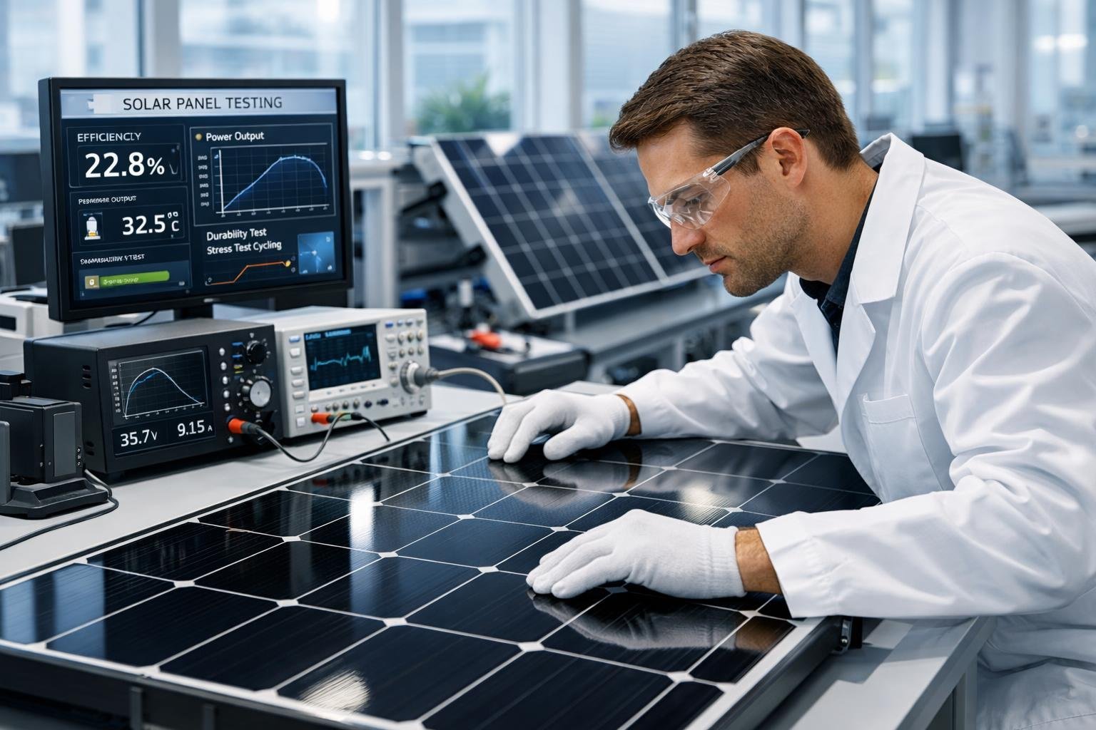 A technician in a lab coat inspects a solar panel in a bright laboratory with testing equipment nearby.