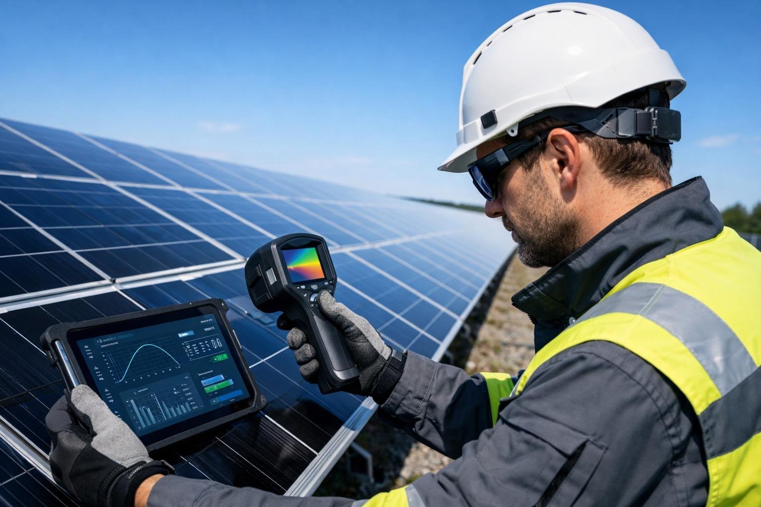 A technician inspects solar panels outdoors using a digital tablet and handheld device under a clear sky.