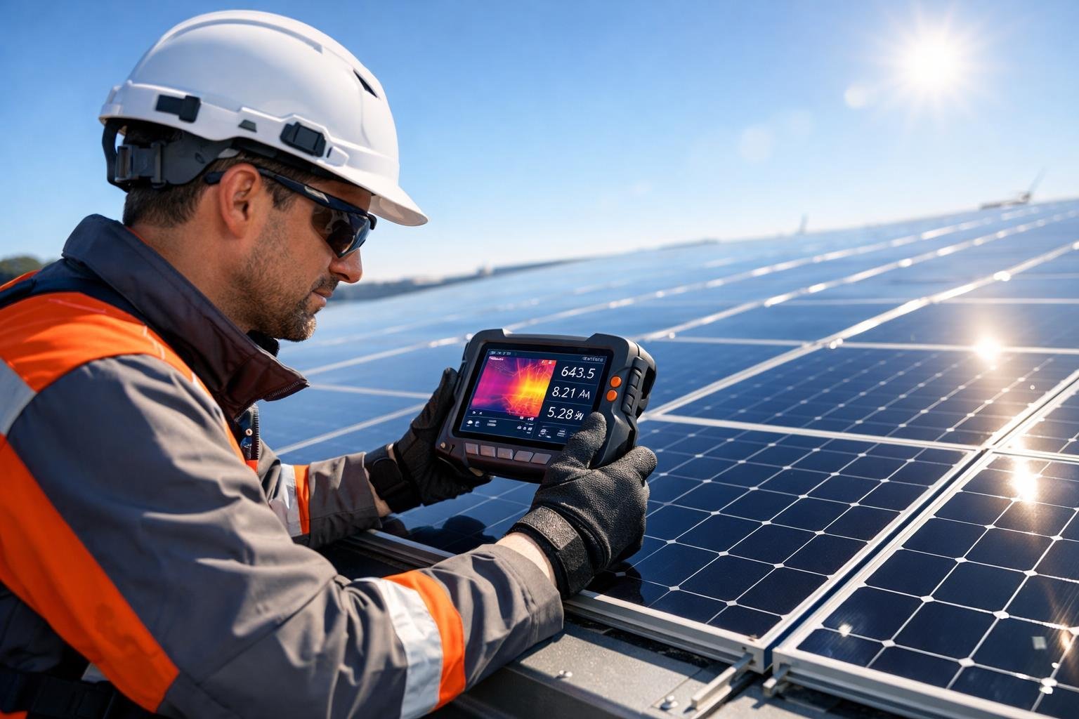 A technician in safety gear inspecting solar panels on a rooftop under clear daylight.