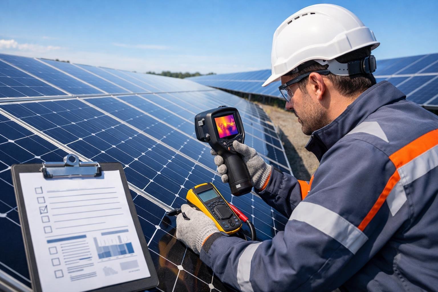 A technician inspecting solar panels outdoors using electronic tools at a solar farm under clear skies.