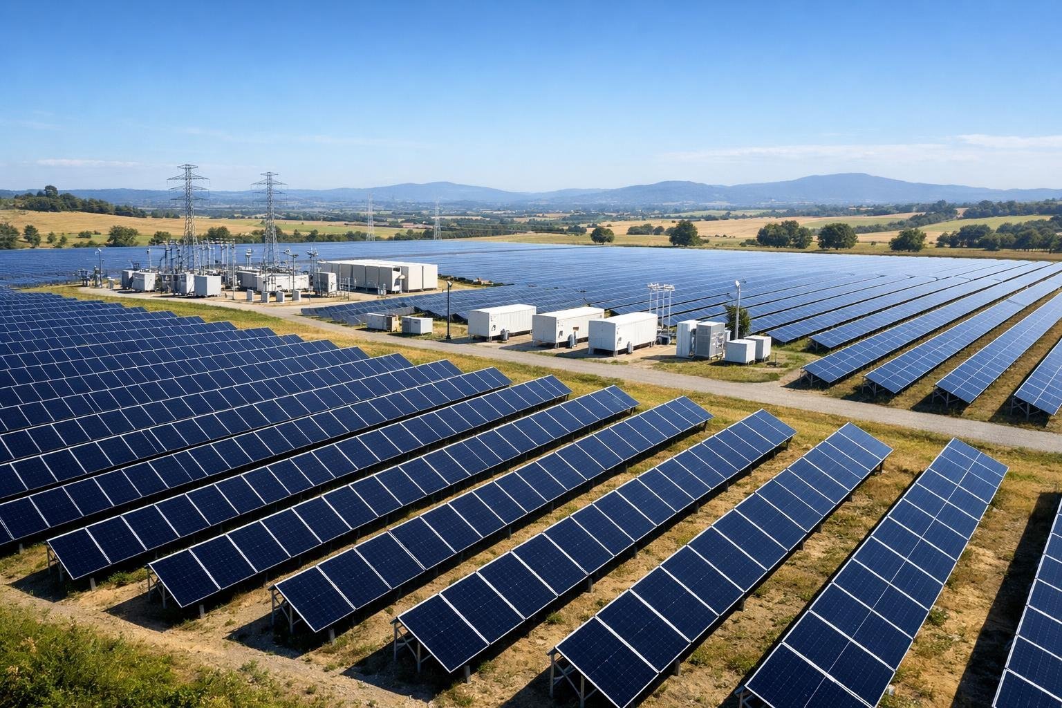 A large solar farm with rows of solar panels under a clear sky surrounded by natural landscape.