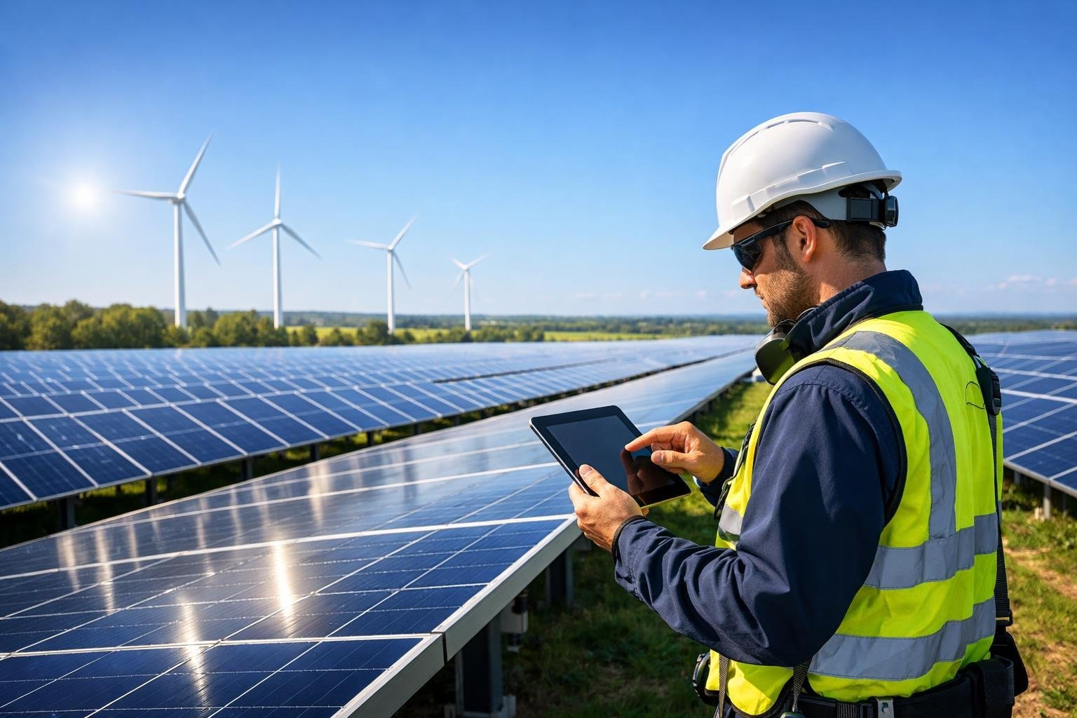 A large solar panel farm with a technician inspecting panels using a tablet under a clear sky.