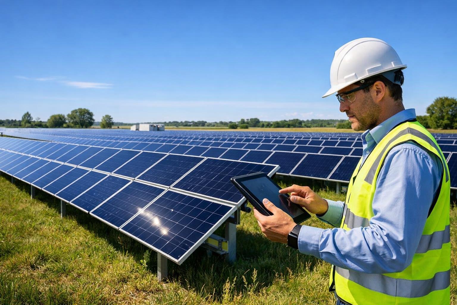 A technician inspects rows of large solar panels in a solar farm under a clear sky.
