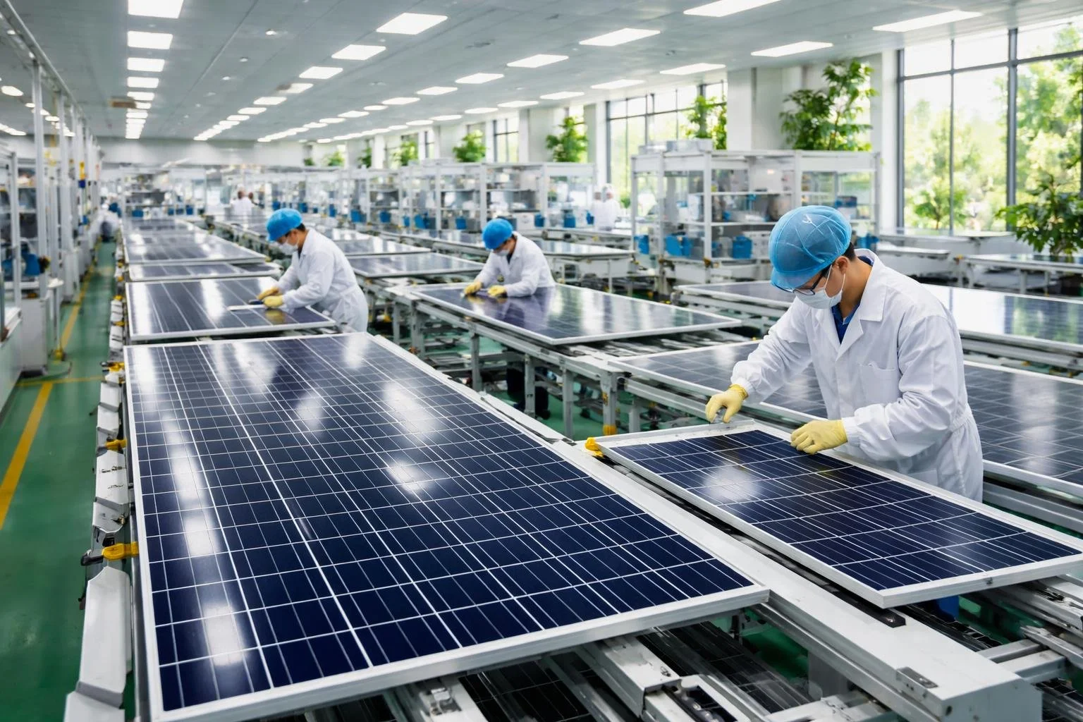 Technicians assembling solar panels in a bright, clean manufacturing facility with rows of photovoltaic modules and advanced machinery.