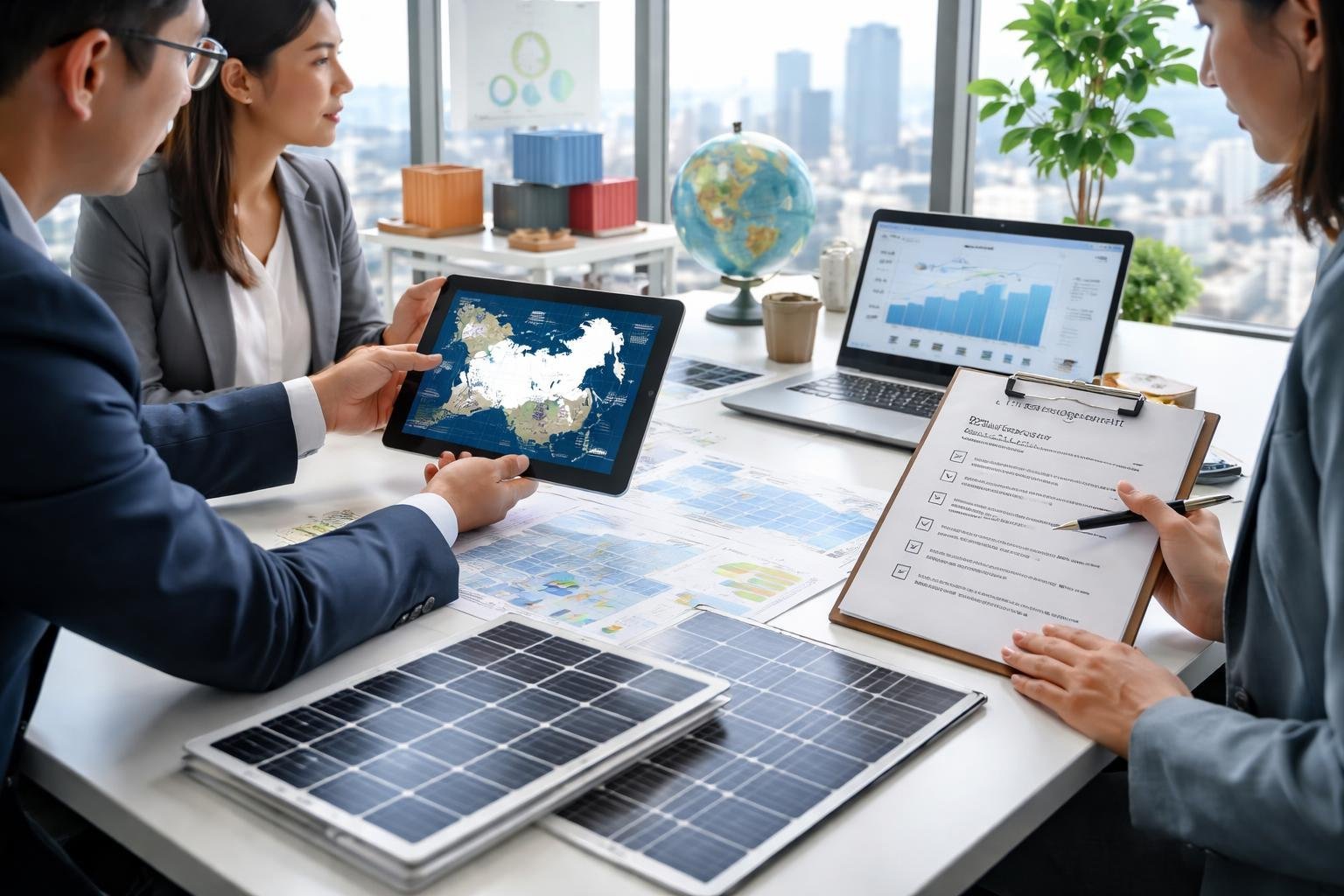 Business professionals discussing solar panel samples and export regulations in a modern conference room with a city view.