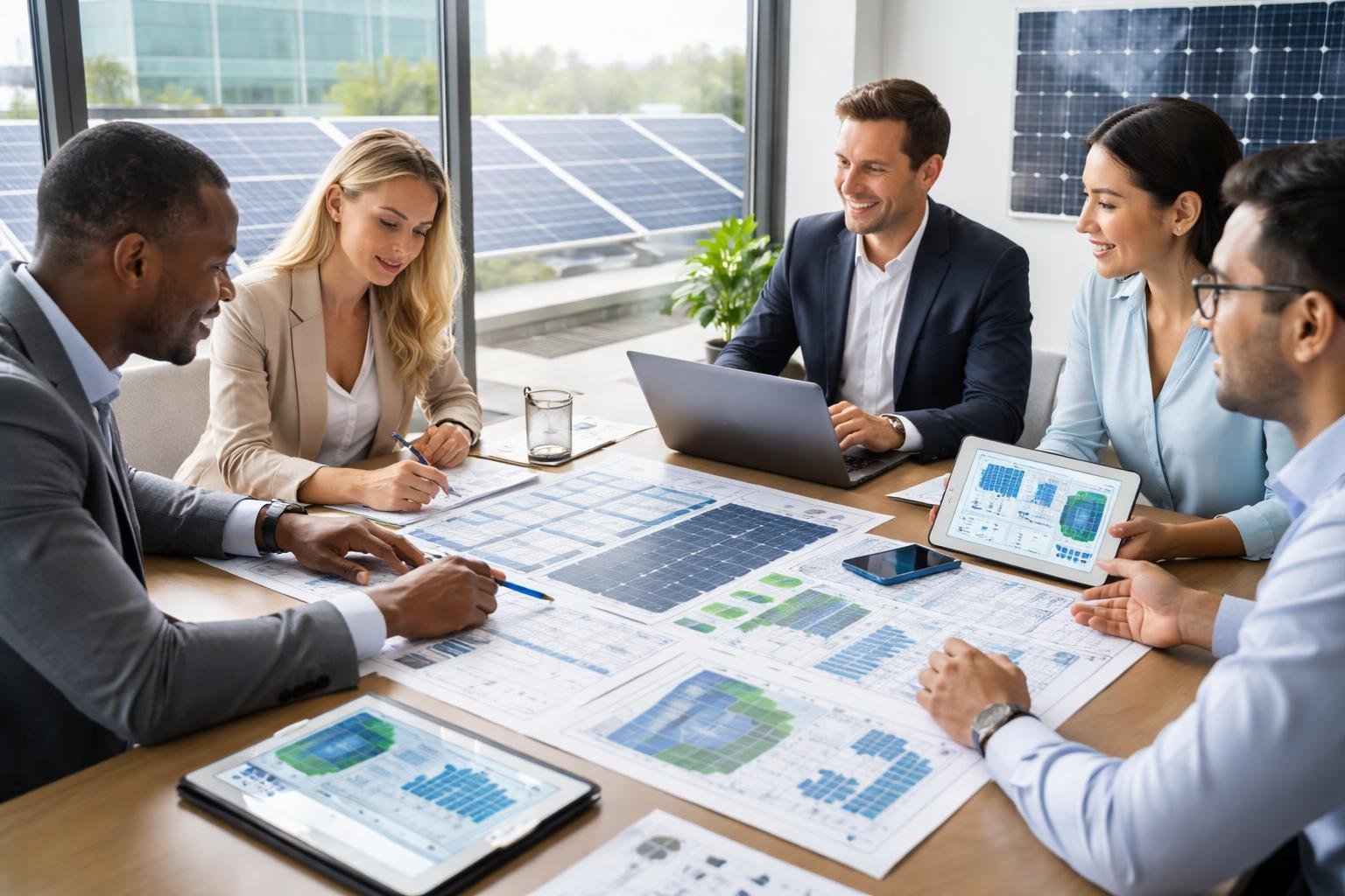 A team of professionals in a meeting room reviewing solar panel plans and data with solar panels visible outside the window.