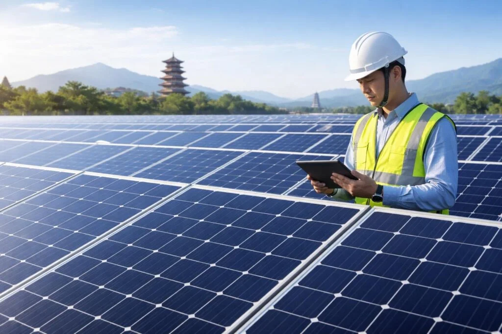 Technician inspecting solar panels outdoors with a clear sky and distant Chinese landscape.