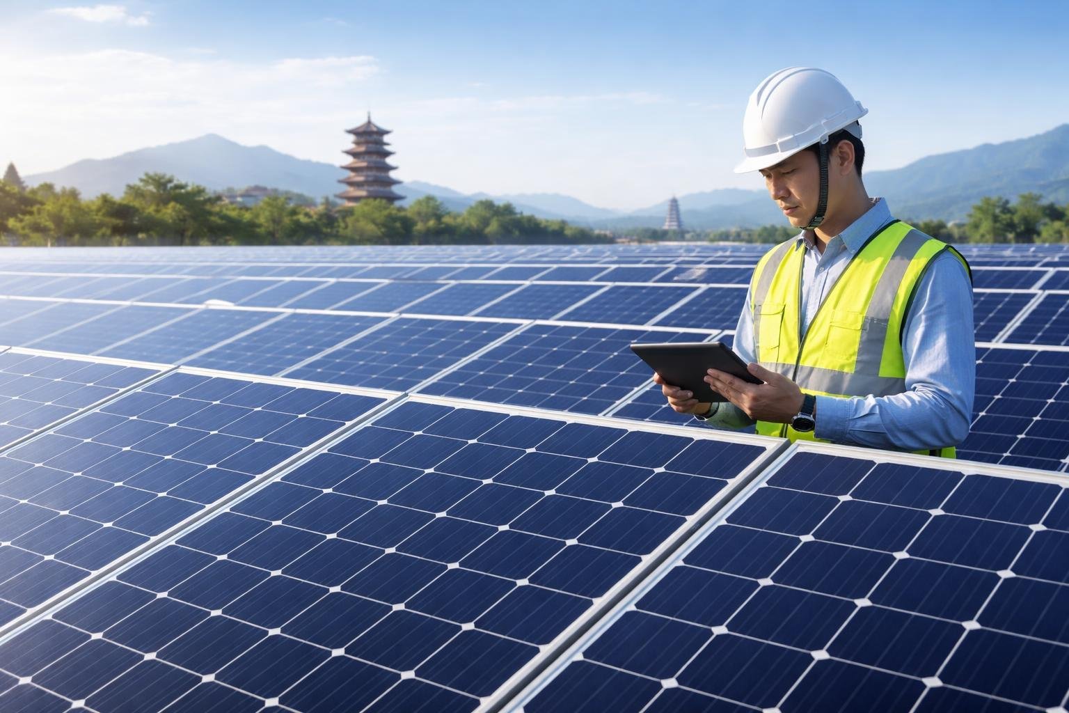 Technician inspecting solar panels outdoors with a clear sky and distant Chinese landscape.