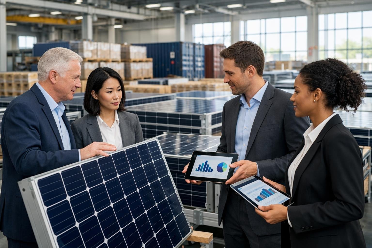 Business professionals inspecting solar panels in a large industrial facility prepared for global wholesale distribution.