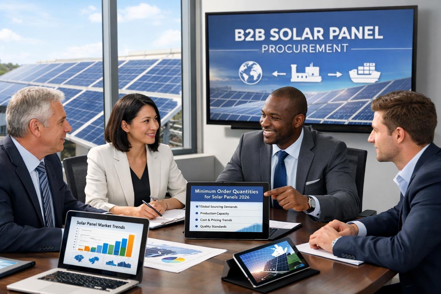 Business professionals discussing solar panel data around a conference table with solar panels visible through large windows in the background.